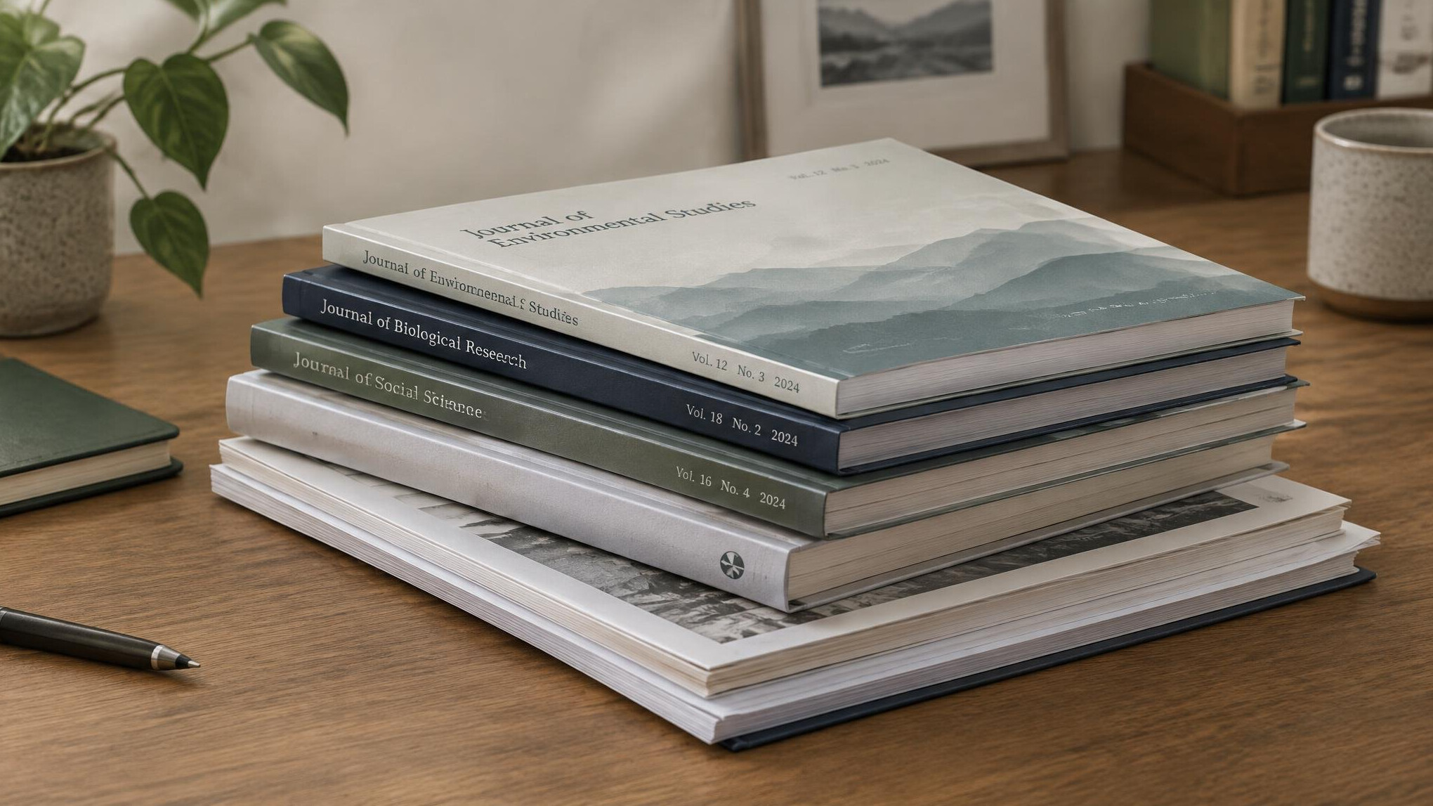 Stack of academic journals and magazines on a table