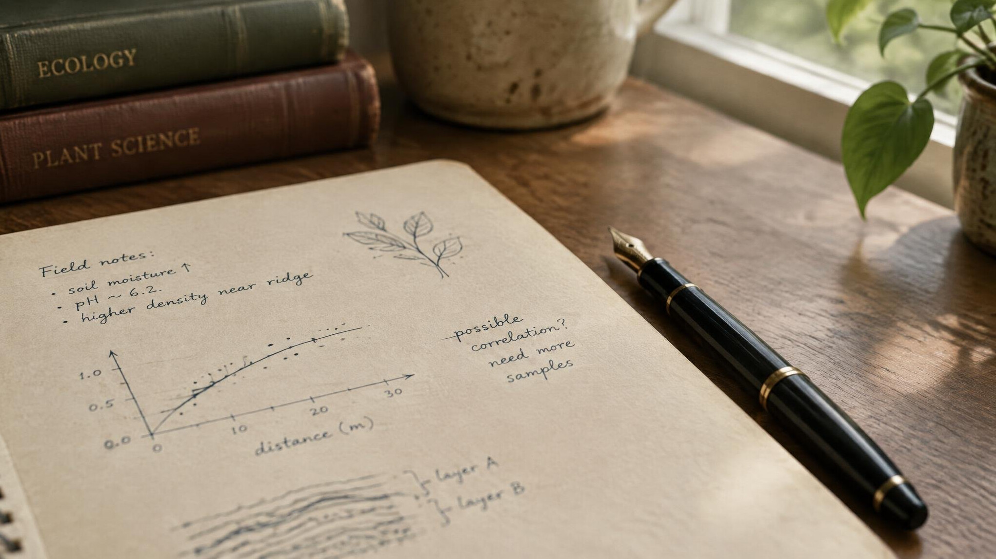 Close-up of handwritten research notes and a pen