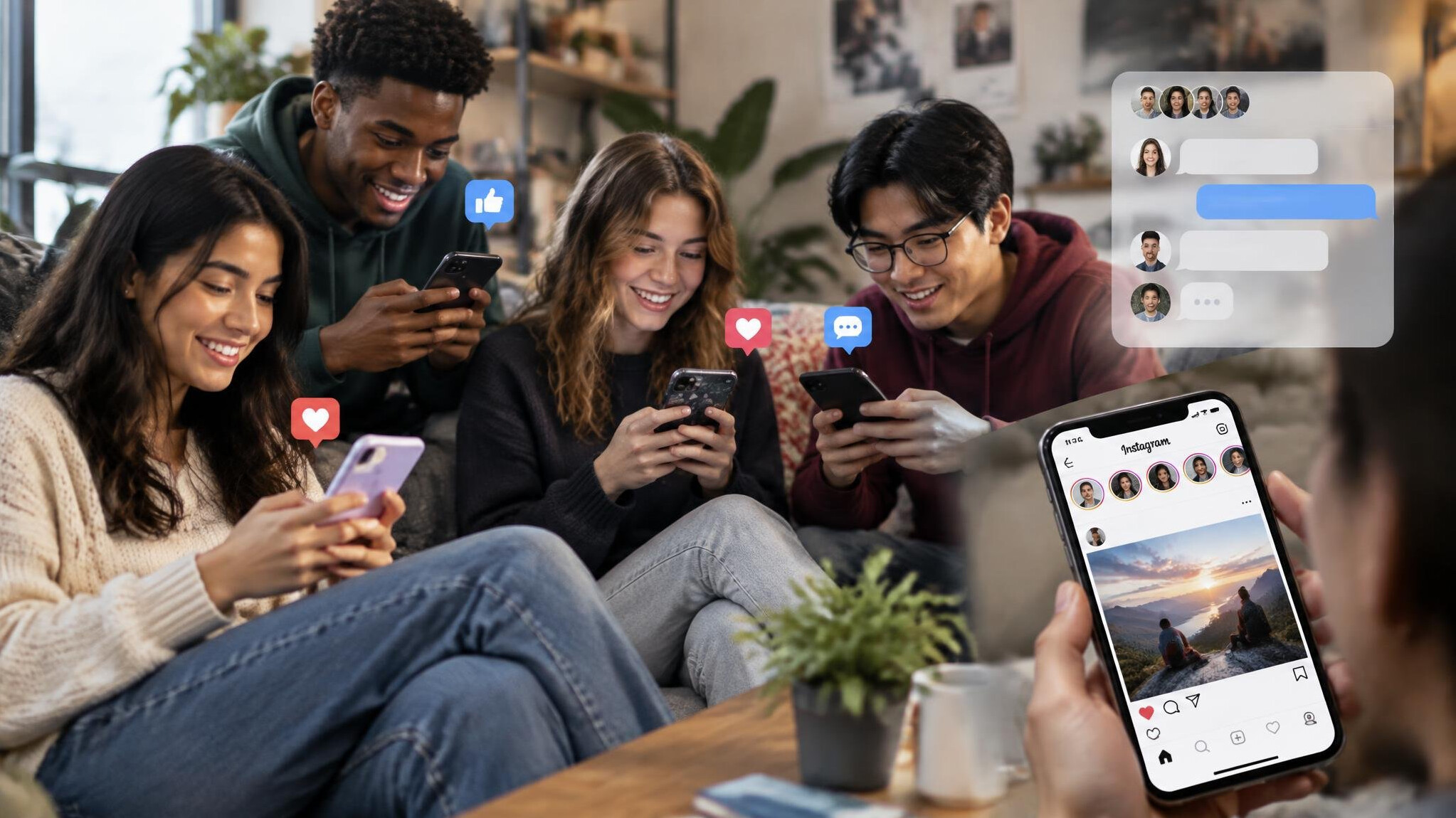 group of friends scrolling phones