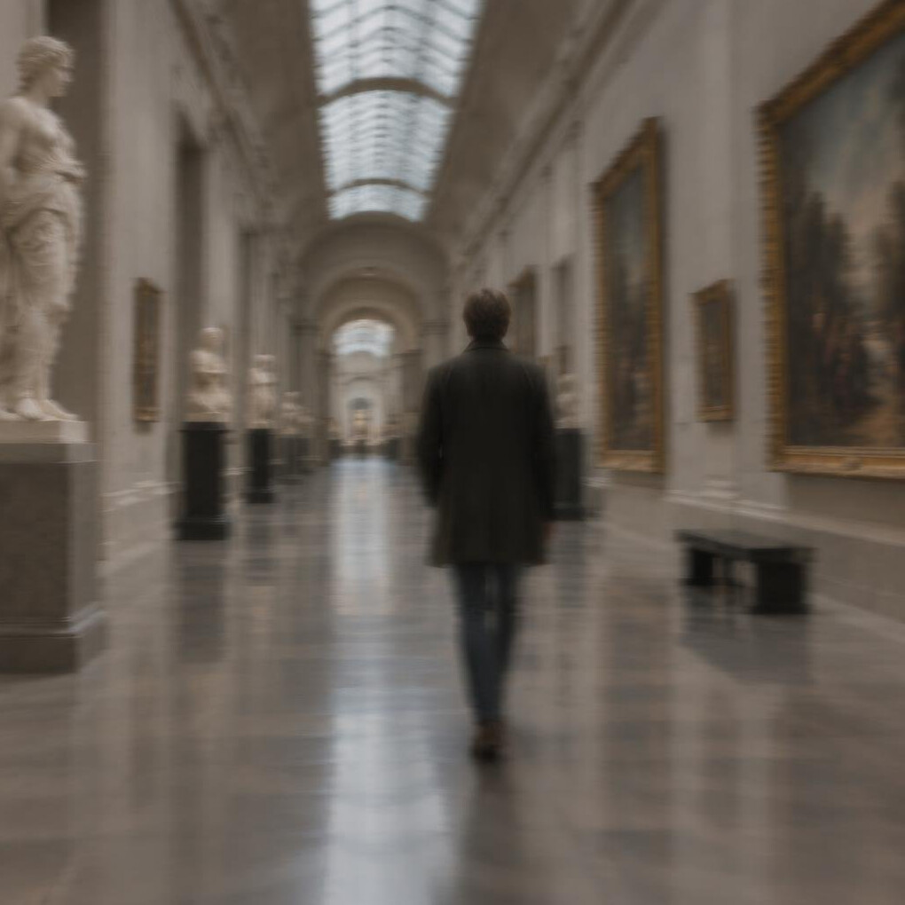 Blurred silhouette of a person walking through a museum corridor