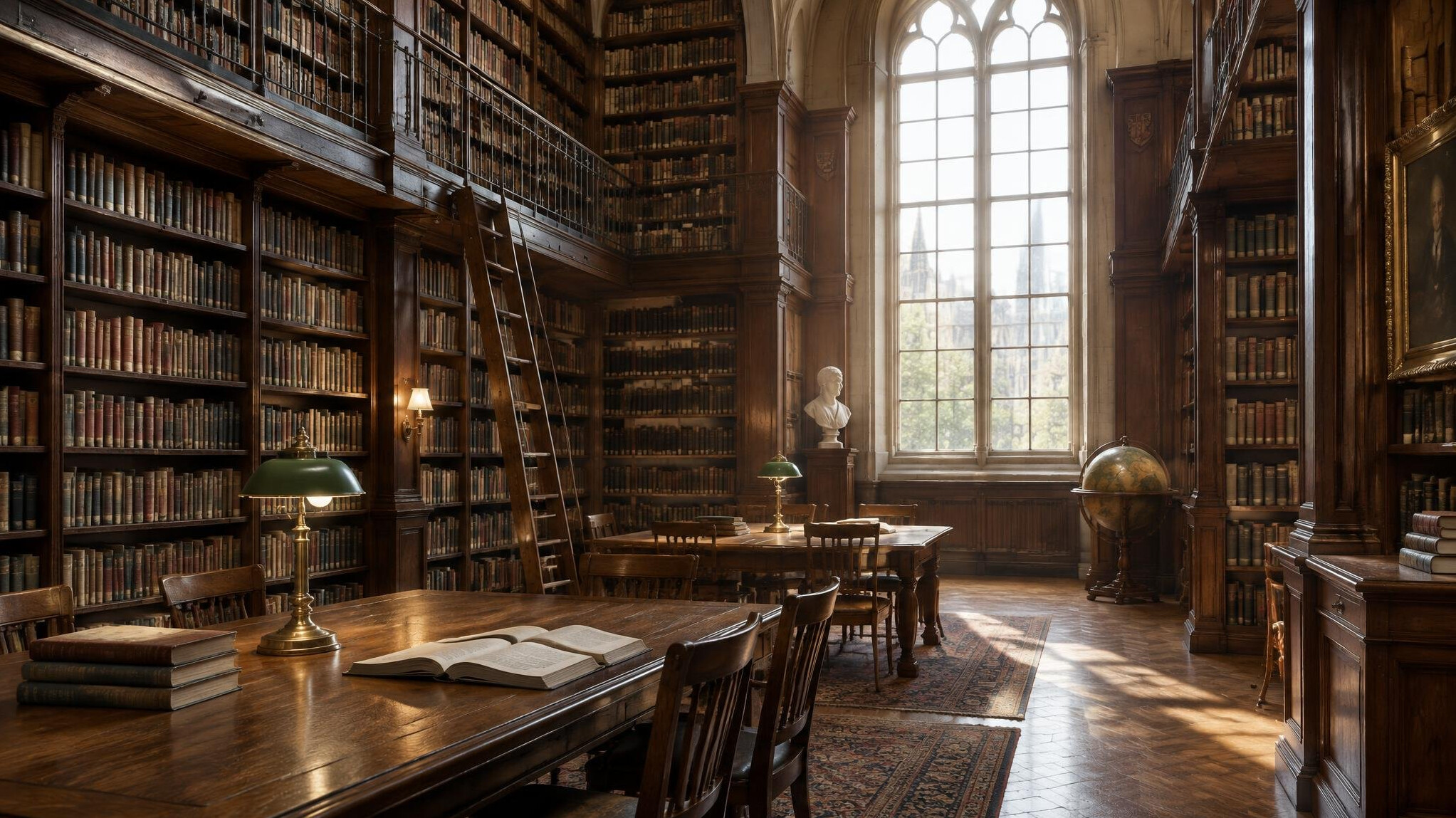 Tall European library interior with warm light