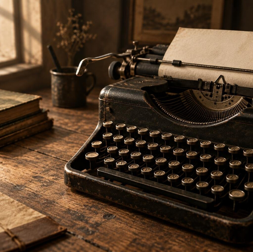 Close-up of a vintage typewriter on a wooden desk