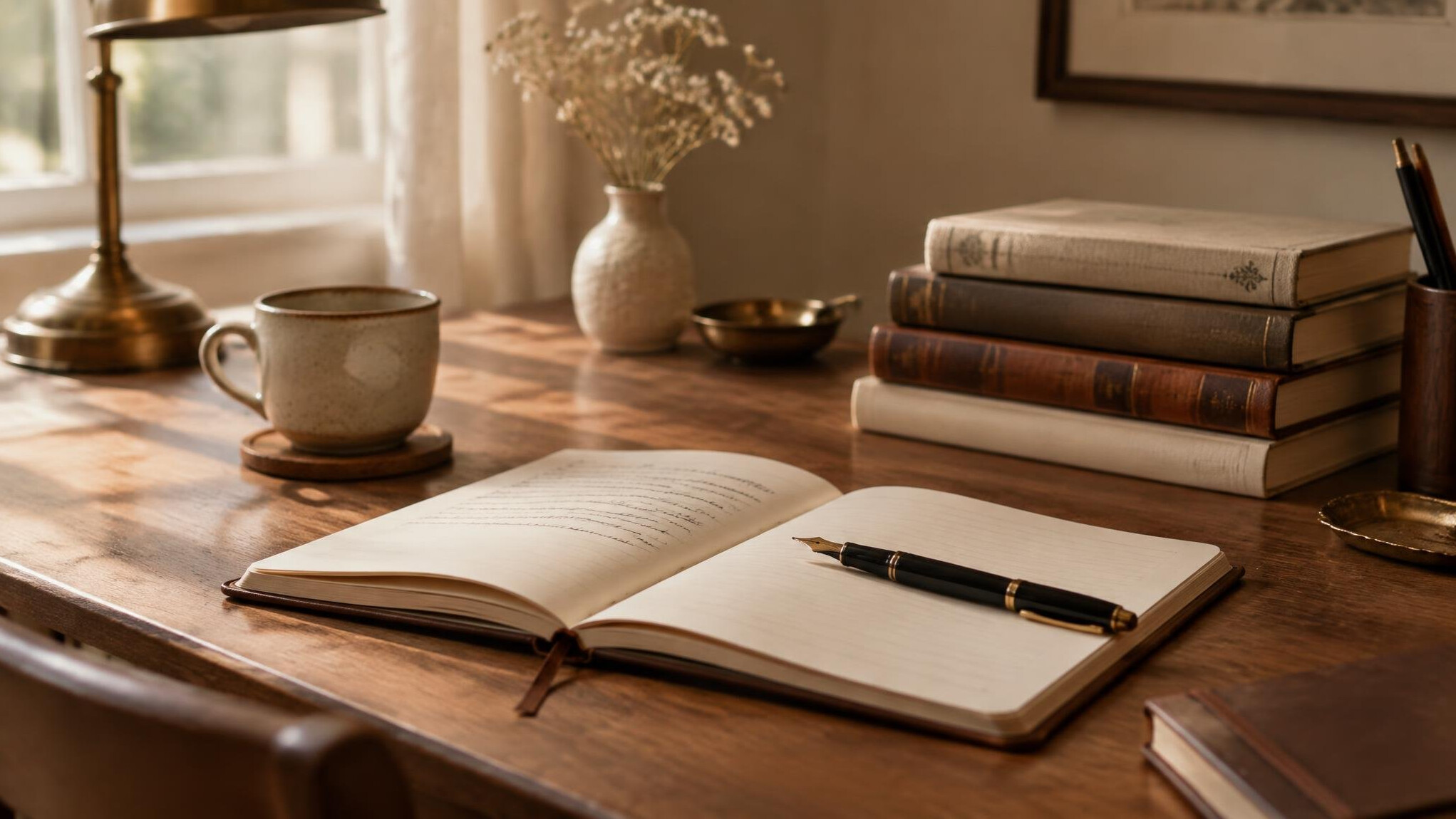 Quiet study desk with open notebooks and warm light