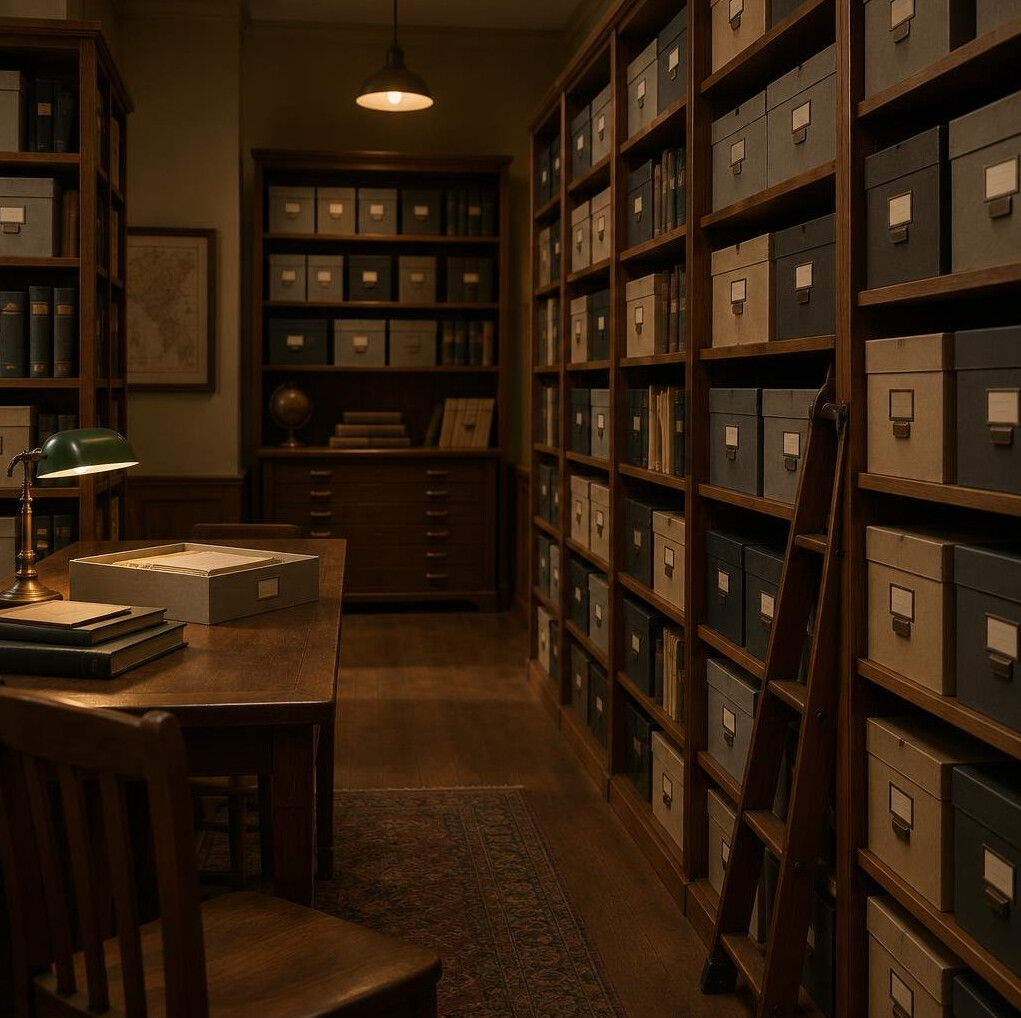 Archive shelves with labeled storage boxes